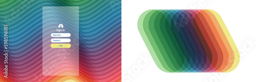Login user interface. Modern screen design for mobile app and web design. Stack of glass or plastic or polymer sheets. Abstract wavy background with dynamic effect. 3d vector illustration.