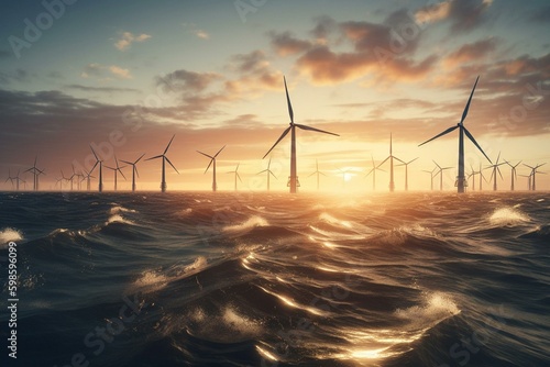 Wind turbines generating sustainable power in an offshore wind farm at sunset. Generative AI