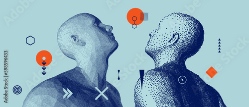 Men looking up. No matter how far it seems, go after your dream. Illustration of an man's face created from small particle. Pixel art. Design for banner, flyer, poster, cover or brochure.