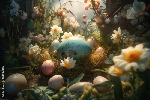 Illustration depicting an Easter scene with eggs, flowers and a cross; celebrating Happy Easter Day. Generative AI