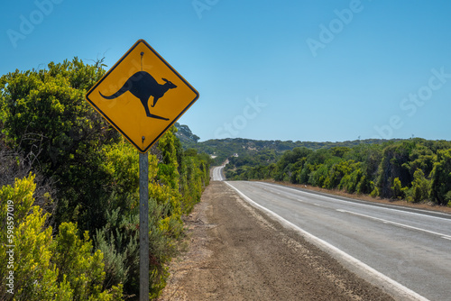 Road sign on Kangaroo Island warning about kangaroos and wallabies on the road, South Australia. The roads are indeed and alas littered with decomposing marsuüpial carcasses