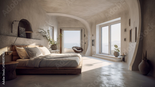 A comfortable bedroom in new construction home limestone living room, the complements Mediterranean style furniture - ai generative