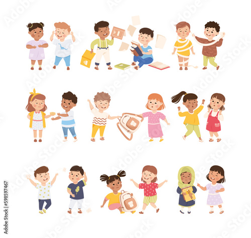 Kids getting bullied by classmates at school set. Hoodlum naughty children offending boys and girls. Mockery and bullying cartoon vector illustration