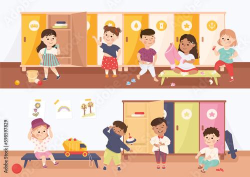Little Boy and Girl Changing Clothes at Locker in Kindergarten Putting on Sweater and Pants Vector Set