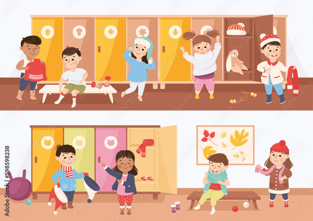 Little Boy and Girl Changing Clothes at Locker in Kindergarten Putting