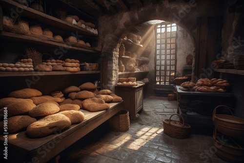 Cozy medieval bakery with bread  baskets  and buns. Generative AI