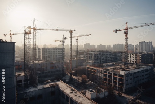 City skyline with tower cranes on construction site. Generative AI