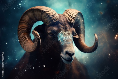 Aries zodiac sign against nebula background, horoscope and fortune telling concept. Created with astrology calendar. Generative AI