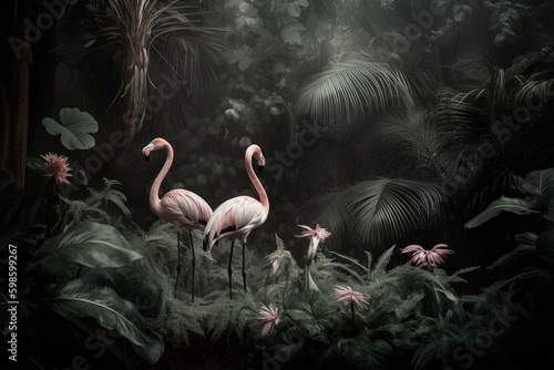 Black and white nature backdrop, tropical jungle with palm trees, voluminous flora, and three flamingos in pink plumage. Generative AI photo