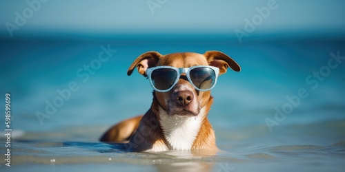 dog with sunglasses , cocktail summer and vacation concepts. generative ai