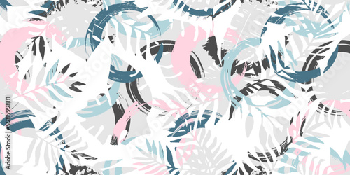Abstract seamless background with tropical leaves. Pattern in pastel colors. Vector illustration. © Liliya