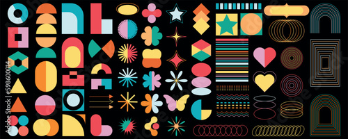 Retro futuristic design elements. Brutal modern star figure, oval spiral flower and other primitive elements in 2000 style. Templates for notes, posters, banners, stickers, business cards, website, we
