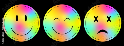 Holographic smiley stickers in y2k style. Retro futuristic elements with iridescent foil film. Vector label of emotion symbols with y2k, 70s objects with gradient Generative AI