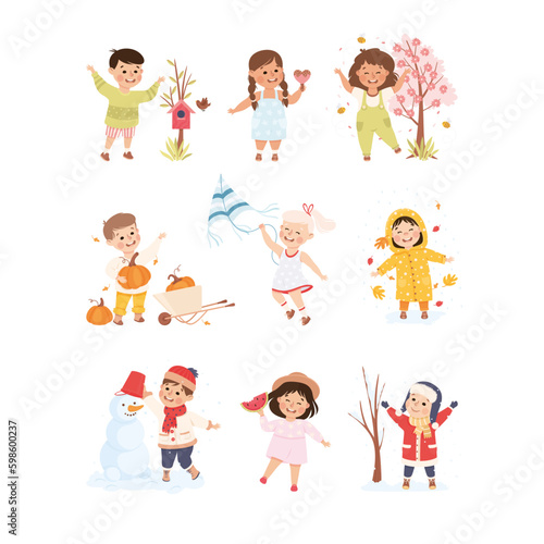 Happy kids playing outdoors at different seasons set. Cute boys and girls playing and walking outdoors cartoon vector illustration