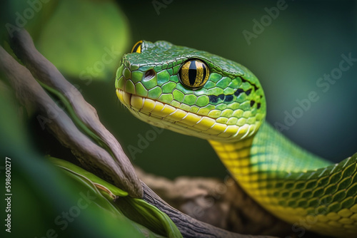 Macro shot of a very venomous snake wrapped around a branch between the leaves, Ai generative