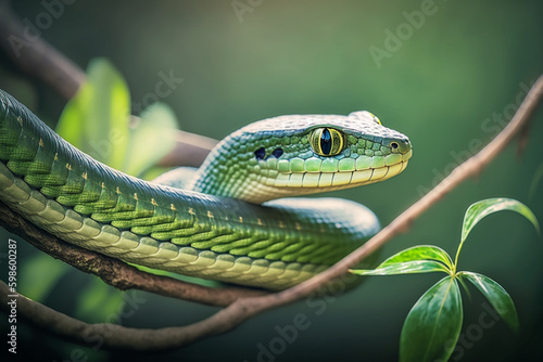 Macro shot of a very venomous snake wrapped around a branch between the leaves, Ai generative