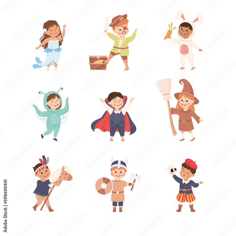 Funny Kids Actors in Theater Costumes Showing Performance Vector Set Funny Kids Actors in Theater Costumes Showing Performance Vector Set