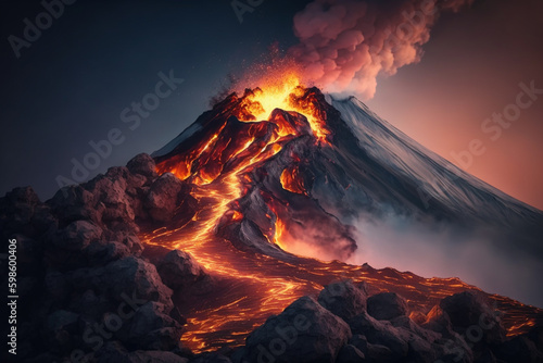 The volcano erupts expelling hot molten lava from the peak. generative AI