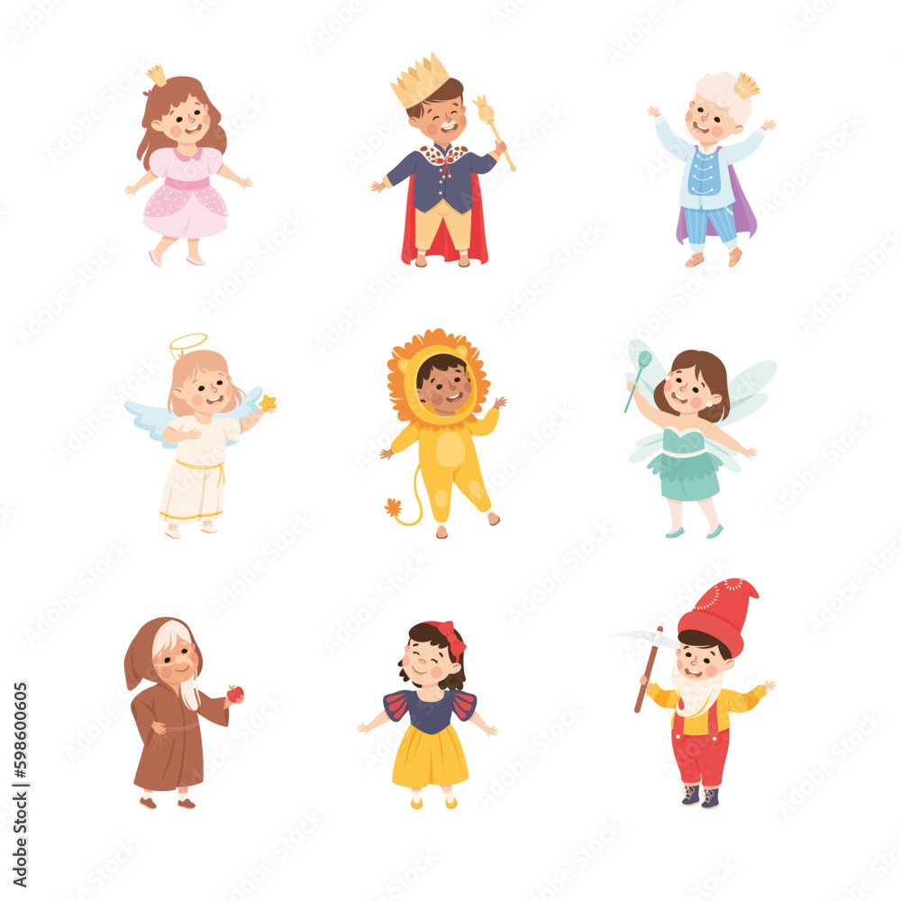 Funny Kids Actors in Theater Costumes Showing Performance Vector Set Funny Kids Actors in Theater Costumes Showing Performance Vector Set