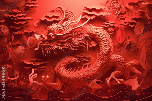 Chinese new year paper cut style, wooden dragon on red lantern background. Ai generative