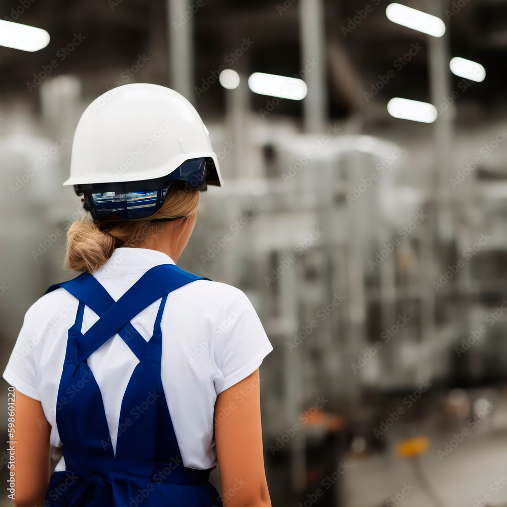  Worker in uniform with helmet. Woman working on factory. Generative AI