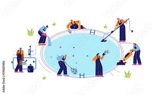 Swimming pool maintenance service, flat vector illustration isolated on white background.