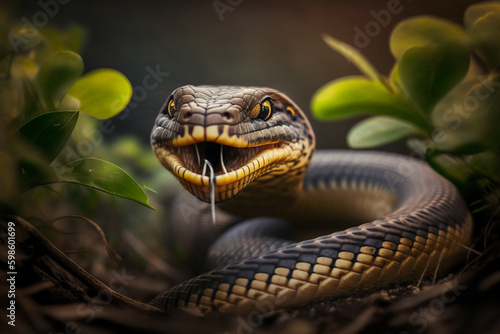 Macro shot of a very venomous snake wrapped around a branch between the leaves, Ai generative