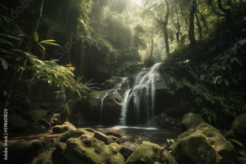Gorgeous waterfall hidden in dense forest, eco-friendly. Generative AI