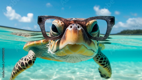 A sea turtle swimming in the ocean wearing glasses. A smart and funny creature.
