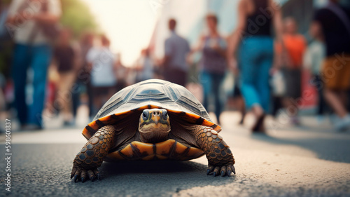 A Turtle on the Bustling Street, Unfazed by the Crowd. Urban Wildlife. Perfect for Environmental Awareness Campaigns.
