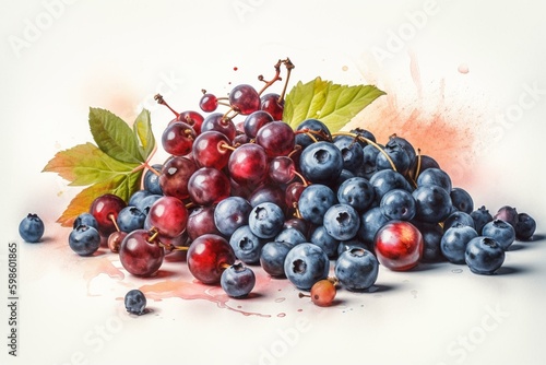 Watercolor art. Juicy cranberries and blueberries on white. Fruity berries for your design. Generative AI