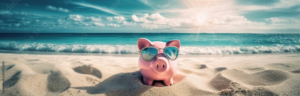 © hazwan - Piggy bank wearing sunglasses chilling at the beach, save money for vacation concept. Generative AI © hazwan - Piggy bank wearing sunglasses chilling at the beach, save money for vacation concept. Generative AI