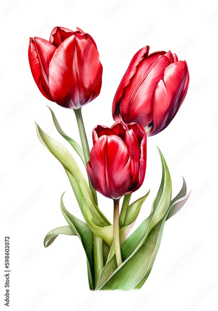 Fototapeta premium Watercolor bouquet of three red tulips isolated on white background. Generative AI.
