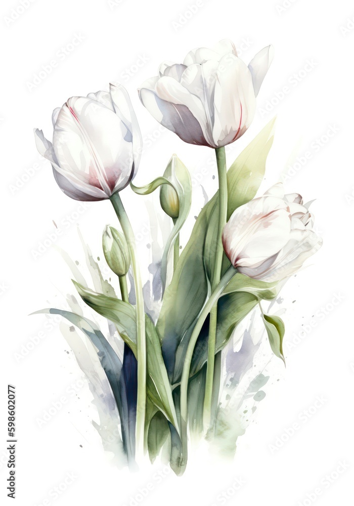 Watercolor bouquet of white tulips isolated on white background. Generative AI. Watercolor bouquet of white tulips isolated on white background. Generative AI.