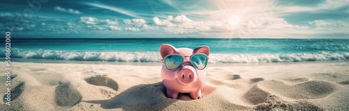 Fotografia Piggy bank wearing sunglasses chilling at the beach, save money for vacation concept