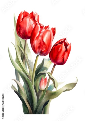 Watercolor bouquet of red tulips isolated on white background. Generative AI.