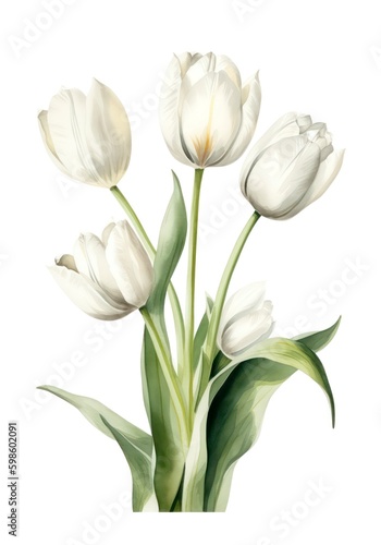 Watercolor bouquet of white tulips isolated on white background. Generative AI.