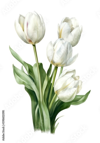 Watercolor bouquet of white tulips isolated on white background. Generative AI.