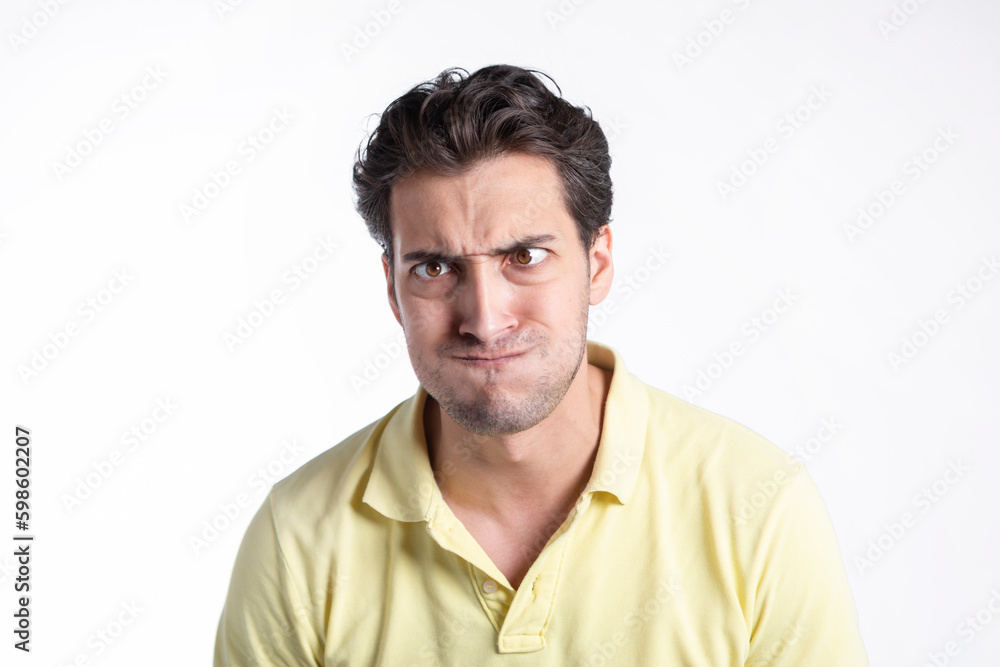 Close up portrait of funny stressed man isolated on white background Close up portrait of funny stressed man isolated on white background