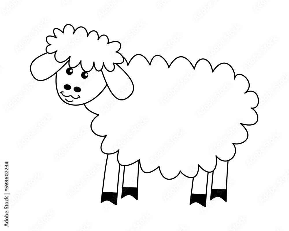 Obraz premium Young sheep in black and white profile on white background for coloring - vector