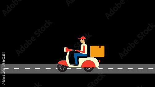 Delivery motocycle motion graphic. Flat design.4K transparent.
