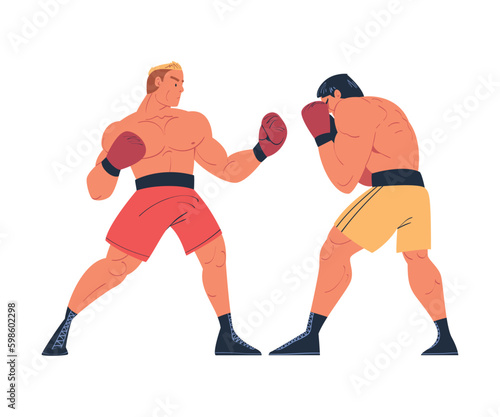 Two strong professional boxers in shorts and gloves fighting on ring cartoon vector illustration © topvectors