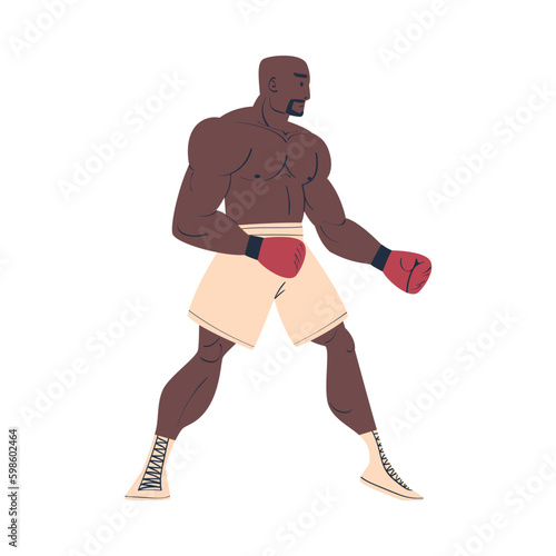 Strong muscular African American man in shorts and boxing gloves working out cartoon vector illustration © topvectors
