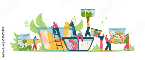 People packing fresh food into containers flat vector illustration isolated.