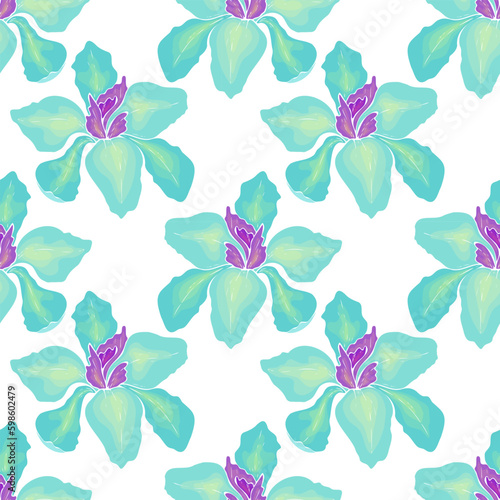 Pattern Iris blue and yellow flowers  white background. Vector illustration Generative AI