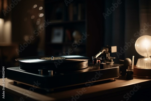 A record player that plays vinyl records by spinning them on a turntable. Generative AI