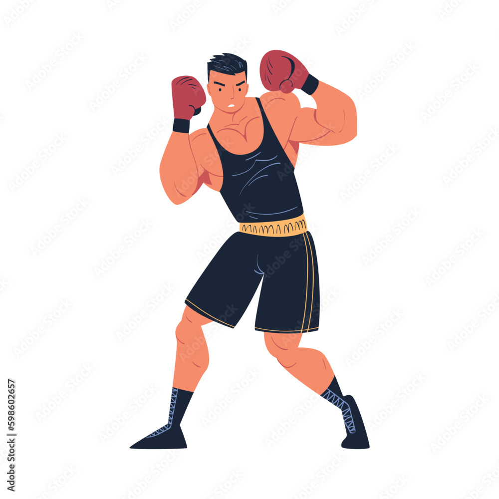 Muscular man in black sportswear and boxing gloves fighting ring cartoon vector illustration Muscular man in black sportswear and boxing gloves fighting ring cartoon vector illustration