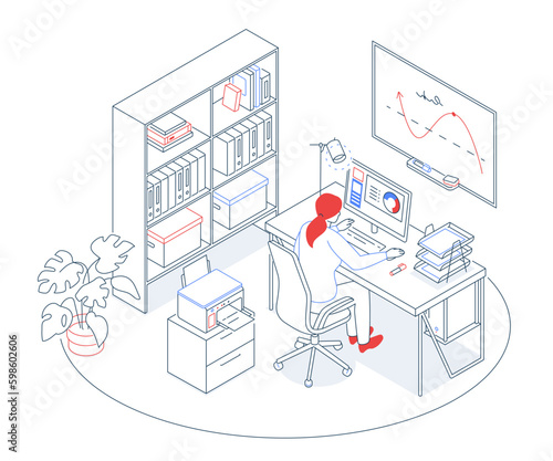 Office staff room - modern line design style isometric illustration