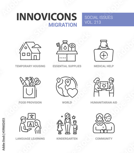 Migration and humanitarian aid - line design style icons set