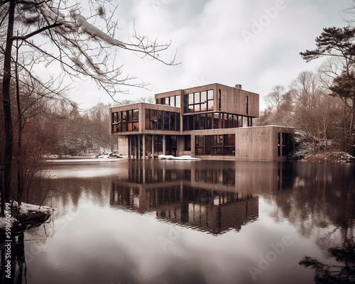 generative ai illustration of brutalist house in the forest in winter